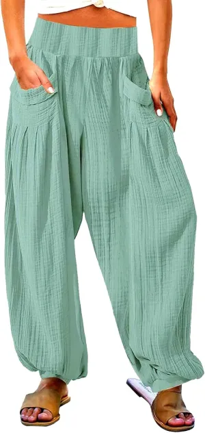 Womens Oversized Pleated Linen Pant Fashion Plus Size Wide Leg Smocked Waist Cuffed Trousers Work Lounge Casual Pants