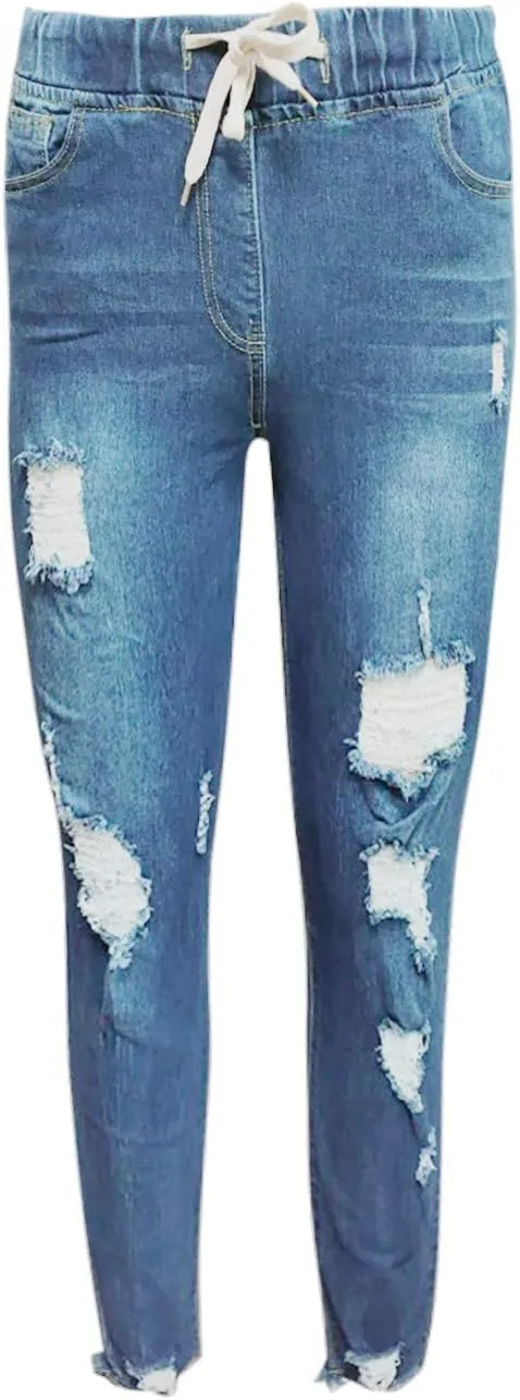 Womens Plus Size Slim Jeans Trendy Ripped Hole Hip Hop Y2K Denim Pants Stretchy High Waist Drawstring Casual Trousers