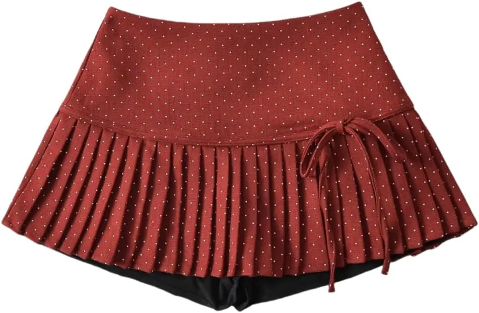 Women's Polka Dot High-Waisted Pleated A-Line Mini Skirt with Lined Shorts