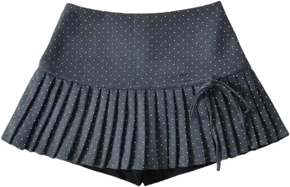 Women's Polka Dot High-Waisted Pleated A-Line Mini Skirt with Lined Shorts