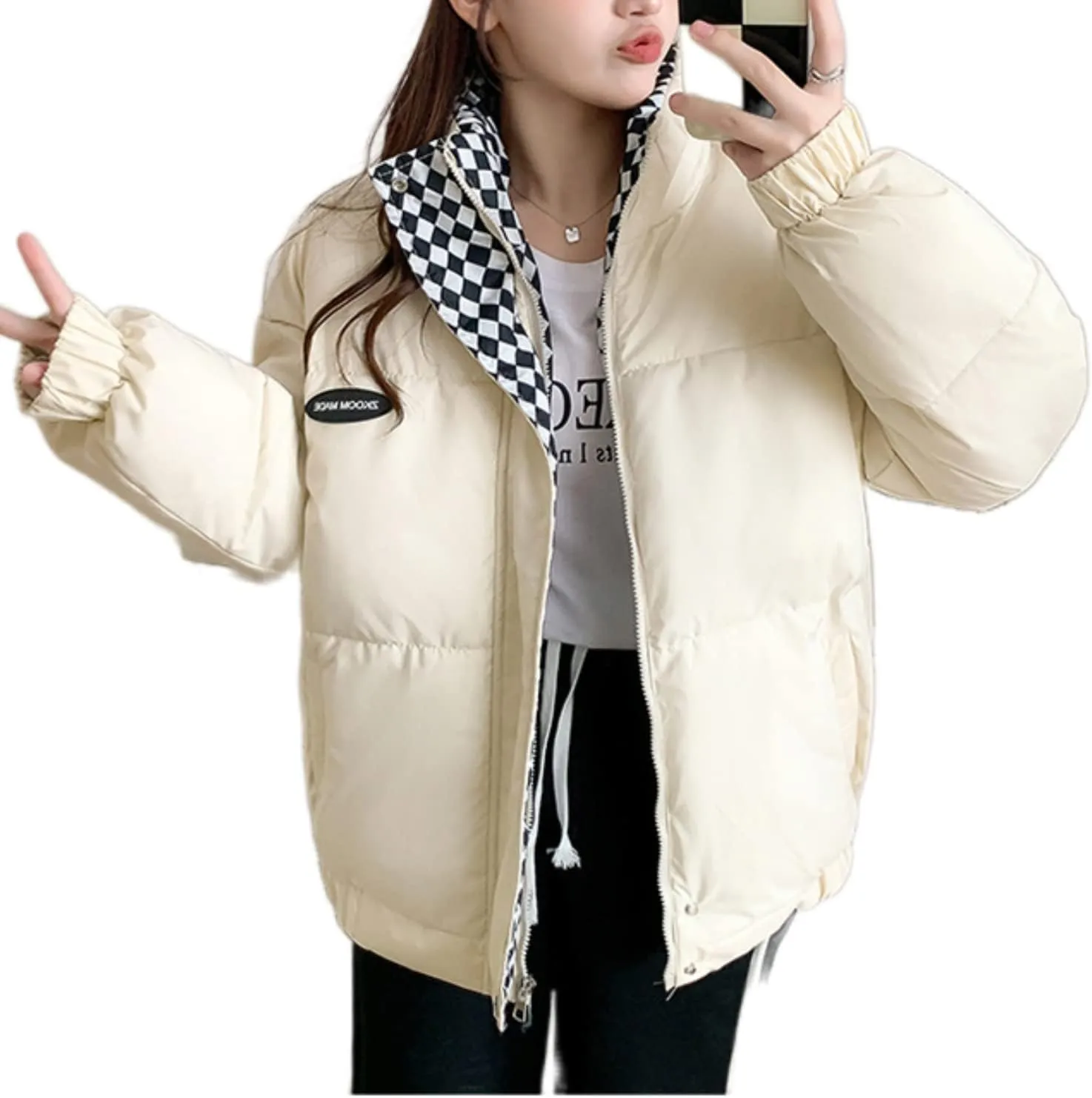 Women's Quilted Padded Puffer Jacket Zip Up Checkered Short Bubble Down Coat Trendy Y2k Teen Girls Baggy Winter Clothes