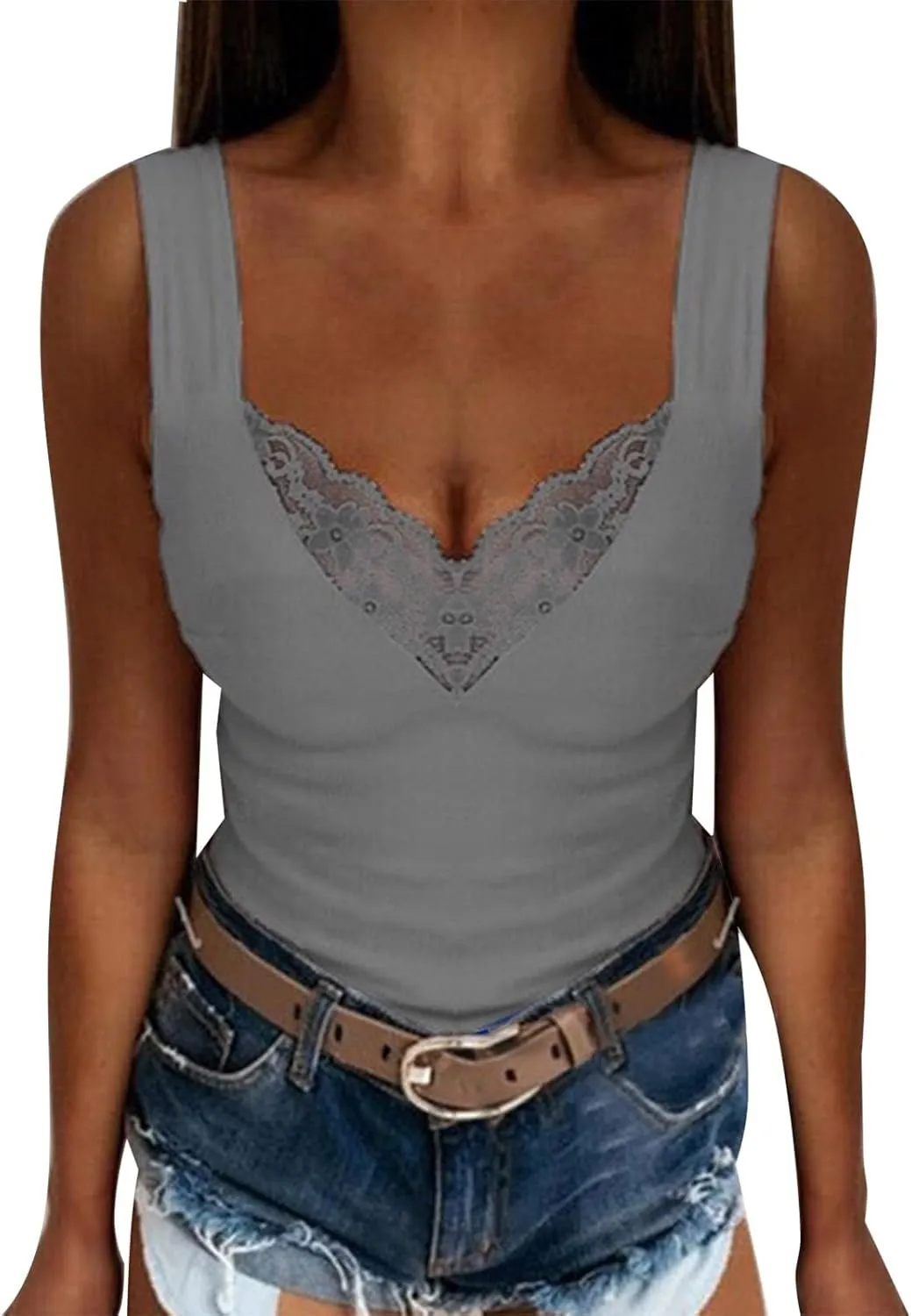 Women's Sexy Lace Camisole Tank Tops 2025 Summer V Neck Solid Color Vest Slim Fit Seamless Shirts