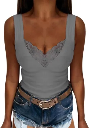 Women's Sexy Lace Camisole Tank Tops 2025 Summer V Neck Solid Color Vest Slim Fit Seamless Shirts