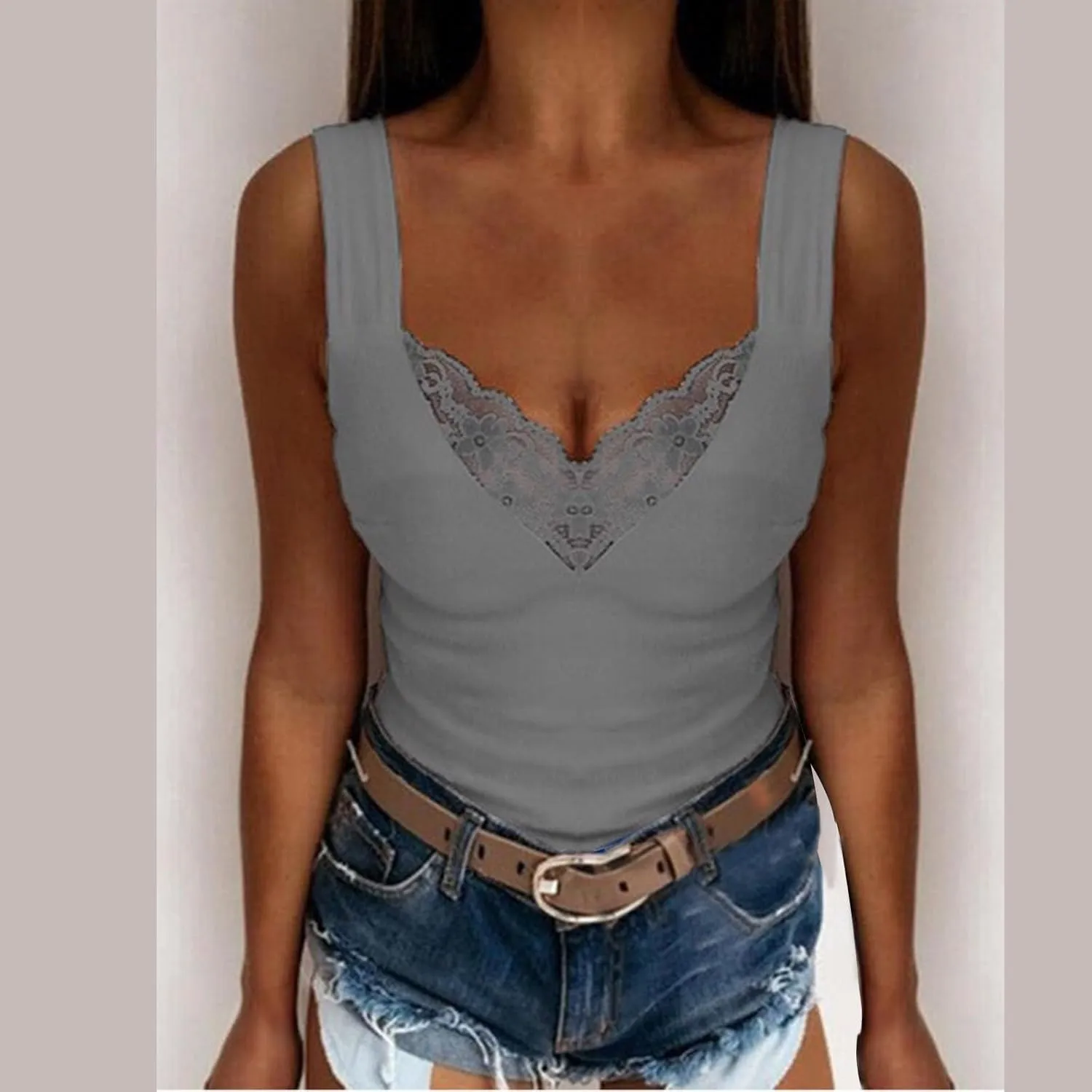 Women's Sexy Lace Camisole Tank Tops 2025 Summer V Neck Solid Color Vest Slim Fit Seamless Shirts