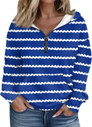Womens Shirts Casual Quarter Zip Hoodie Pullover Striped Sweaters Trendy Long Sleeve Knitted Sweatshirt Casual Sweater Tops