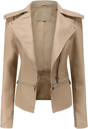 Women's Short Moto Biker Zipper Jacket Asymmetric Winter Coat Faux Leather Jacket