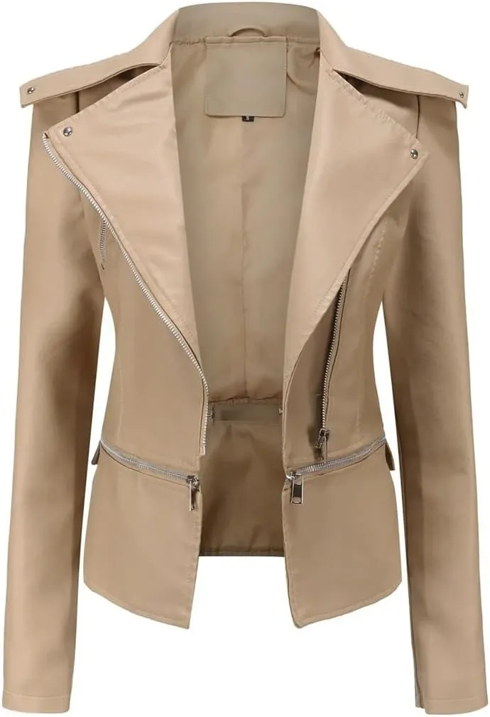 Women's Short Moto Biker Zipper Jacket Asymmetric Winter Coat Faux Leather Jacket