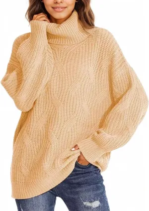 Women's Solid Color Long Sleeve Sweater Knit High Neck Pullover Oversized Sweater Turtleneck Casual Knitwear