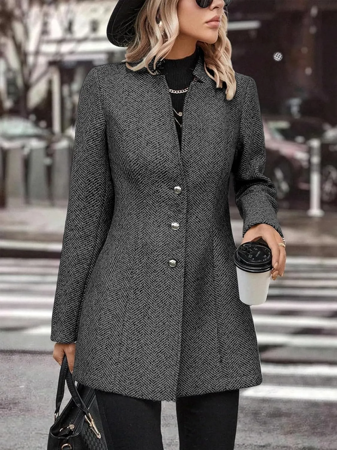 Women's Stand Collar Single Breasted Pea Coat Casual Long Sleeve Overcoat Wool Blend Trench Coat