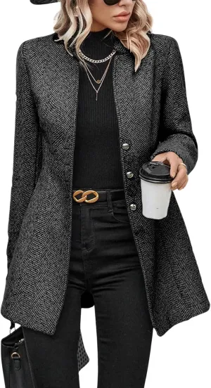 Women's Stand Collar Single Breasted Pea Coat Casual Long Sleeve Overcoat Wool Blend Trench Coat