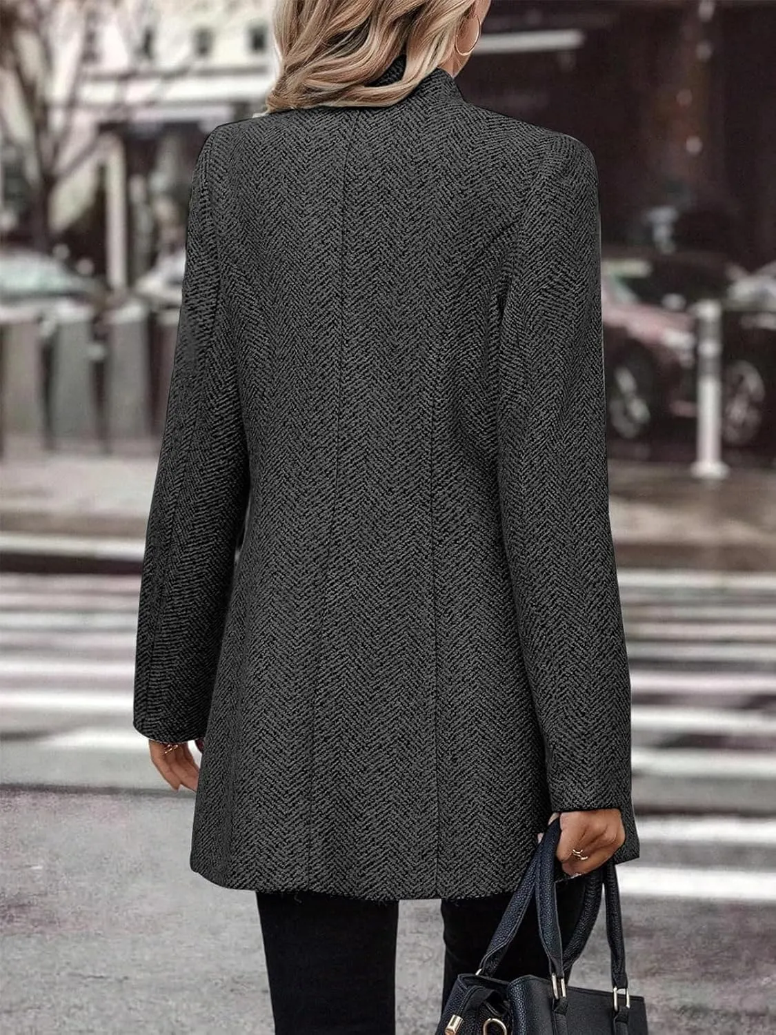 Women's Stand Collar Single Breasted Pea Coat Casual Long Sleeve Overcoat Wool Blend Trench Coat