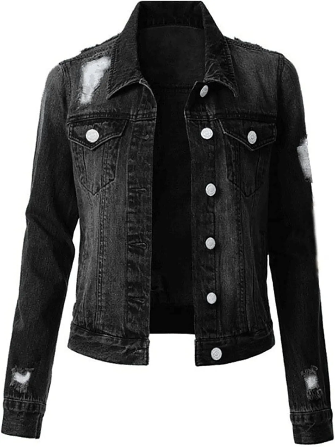 Women's Stretch Denim Jacket Long Sleeve Button Lapel Classic Jean Trucker Coat with Pockets