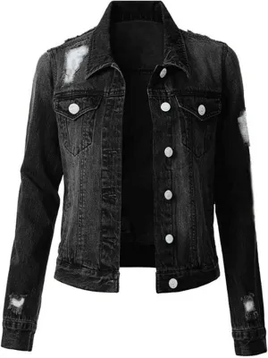 Women's Stretch Denim Jacket Long Sleeve Button Lapel Classic Jean Trucker Coat with Pockets