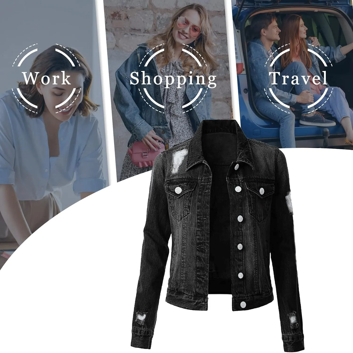 Women's Stretch Denim Jacket Long Sleeve Button Lapel Classic Jean Trucker Coat with Pockets