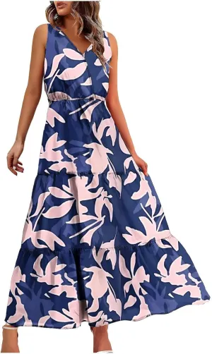 Womens Summer Dresses Casual Sleeveless Long Maxi Dress V Neck A-Line Dress Boho Floral Sundress Wedding Guest Dress