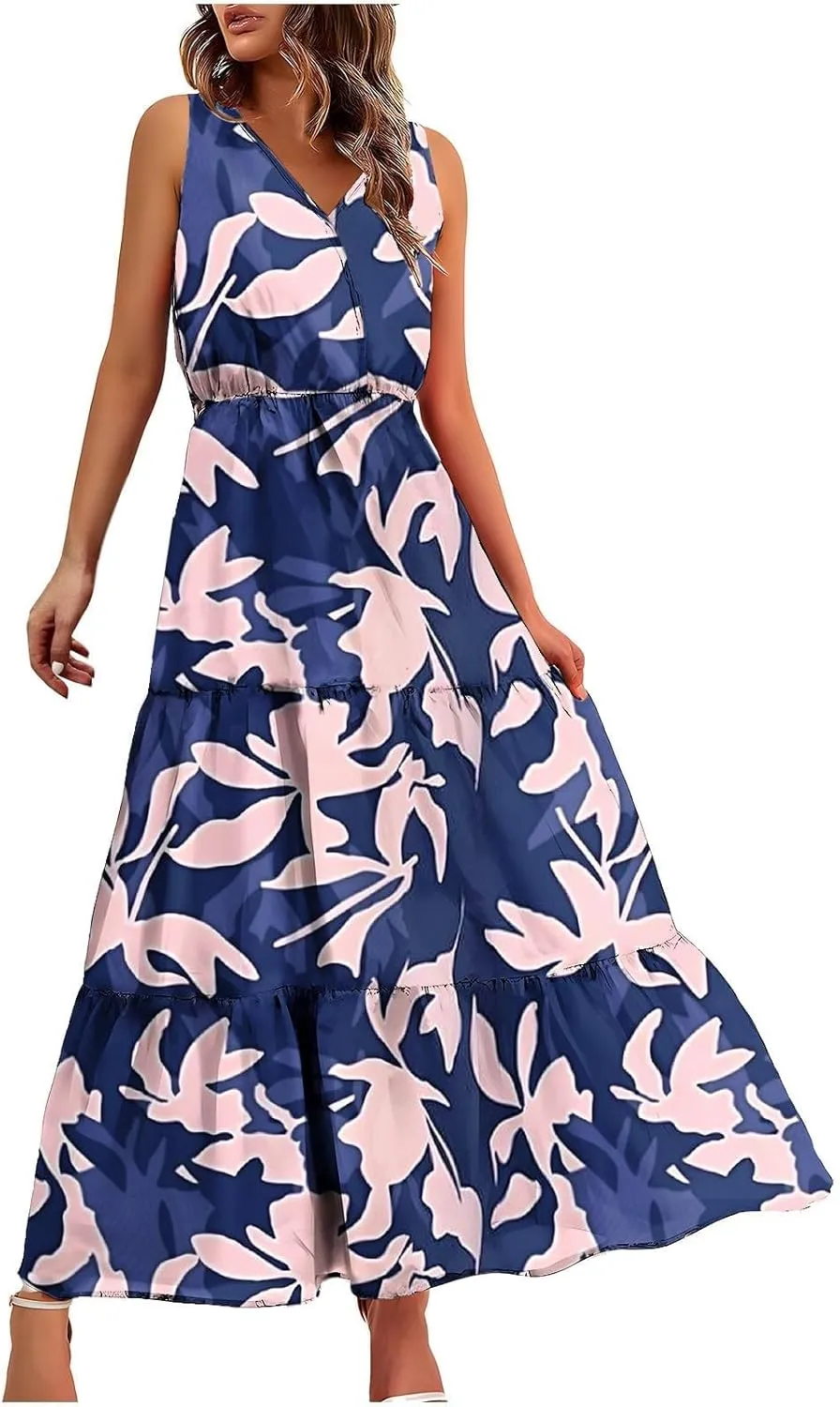 Womens Summer Dresses Casual Sleeveless Long Maxi Dress V Neck A-Line Dress Boho Floral Sundress Wedding Guest Dress