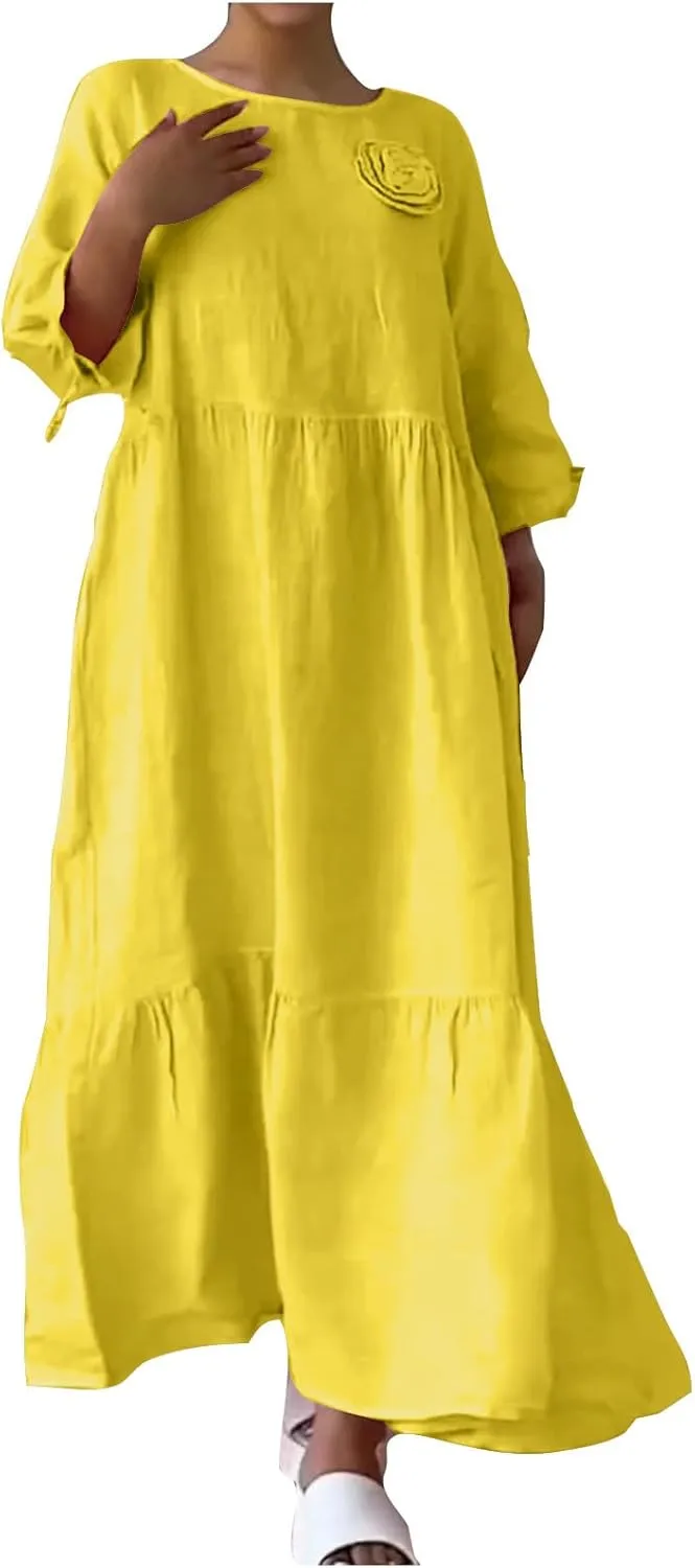 Womens Summer Dresses Cotton Linen Dress Casual Flowy Long Sleeve V Neck Beach Vacation Long Sundress