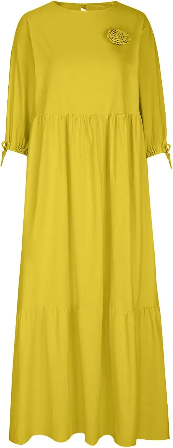 Womens Summer Dresses Cotton Linen Dress Casual Flowy Long Sleeve V Neck Beach Vacation Long Sundress