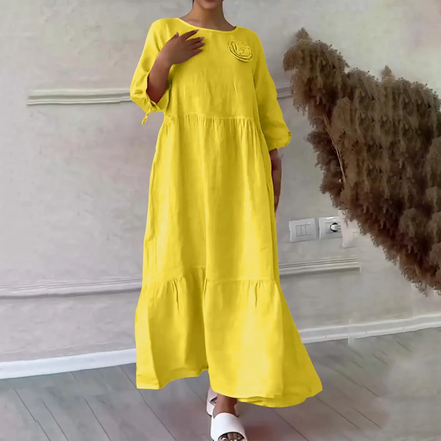 Womens Summer Dresses Cotton Linen Dress Casual Flowy Long Sleeve V Neck Beach Vacation Long Sundress