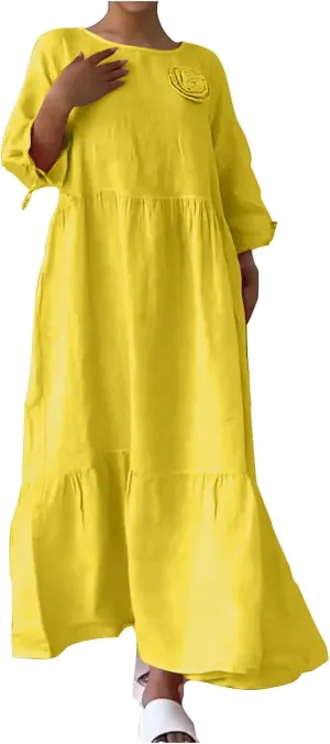 Womens Summer Dresses Cotton Linen Dress Casual Flowy Long Sleeve V Neck Beach Vacation Long Sundress