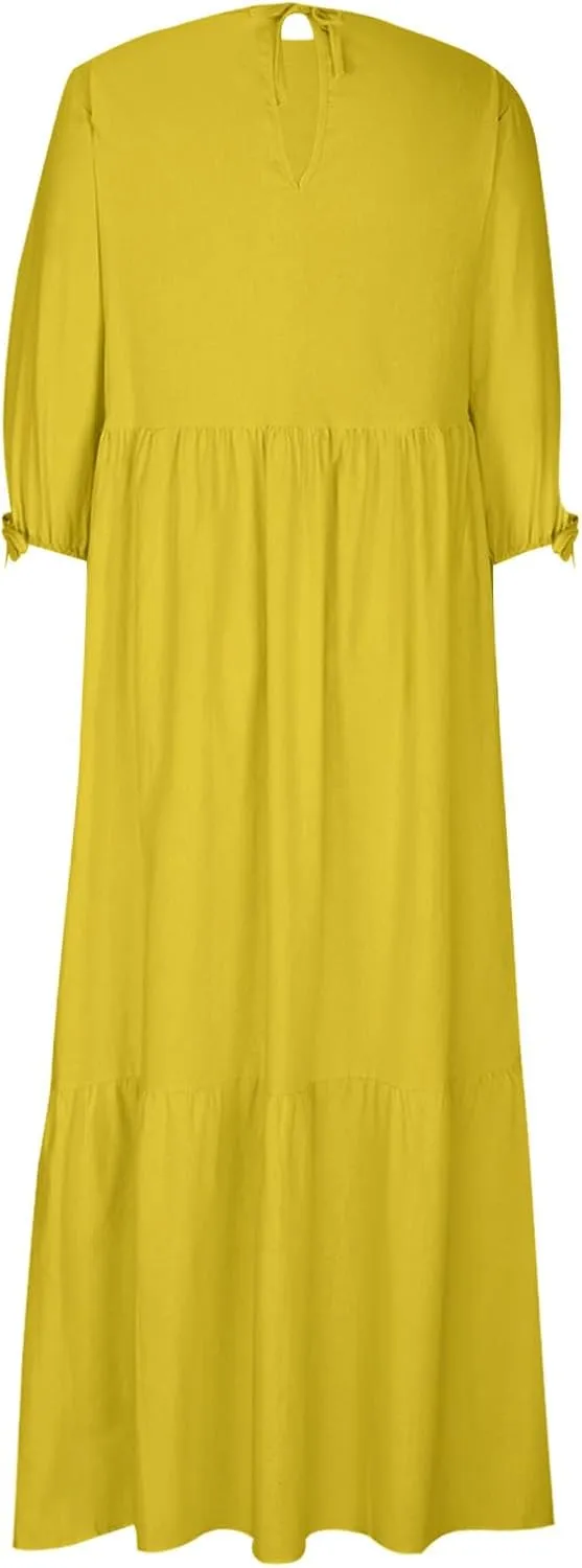 Womens Summer Dresses Cotton Linen Dress Casual Flowy Long Sleeve V Neck Beach Vacation Long Sundress