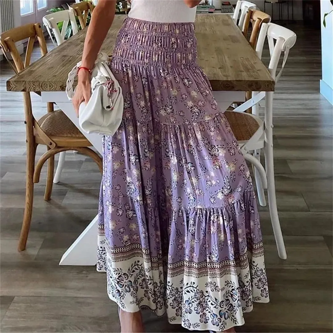 Women's Summer Printing Elastic High Waist Long Skirt Floral Pleated A-Line Boho Skirts