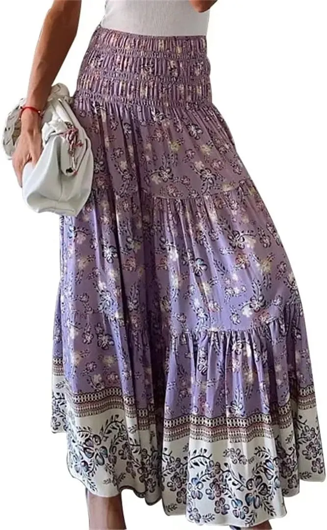 Women's Summer Printing Elastic High Waist Long Skirt Floral Pleated A-Line Boho Skirts