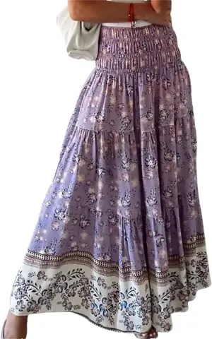 Women's Summer Printing Elastic High Waist Long Skirt Floral Pleated A-Line Boho Skirts