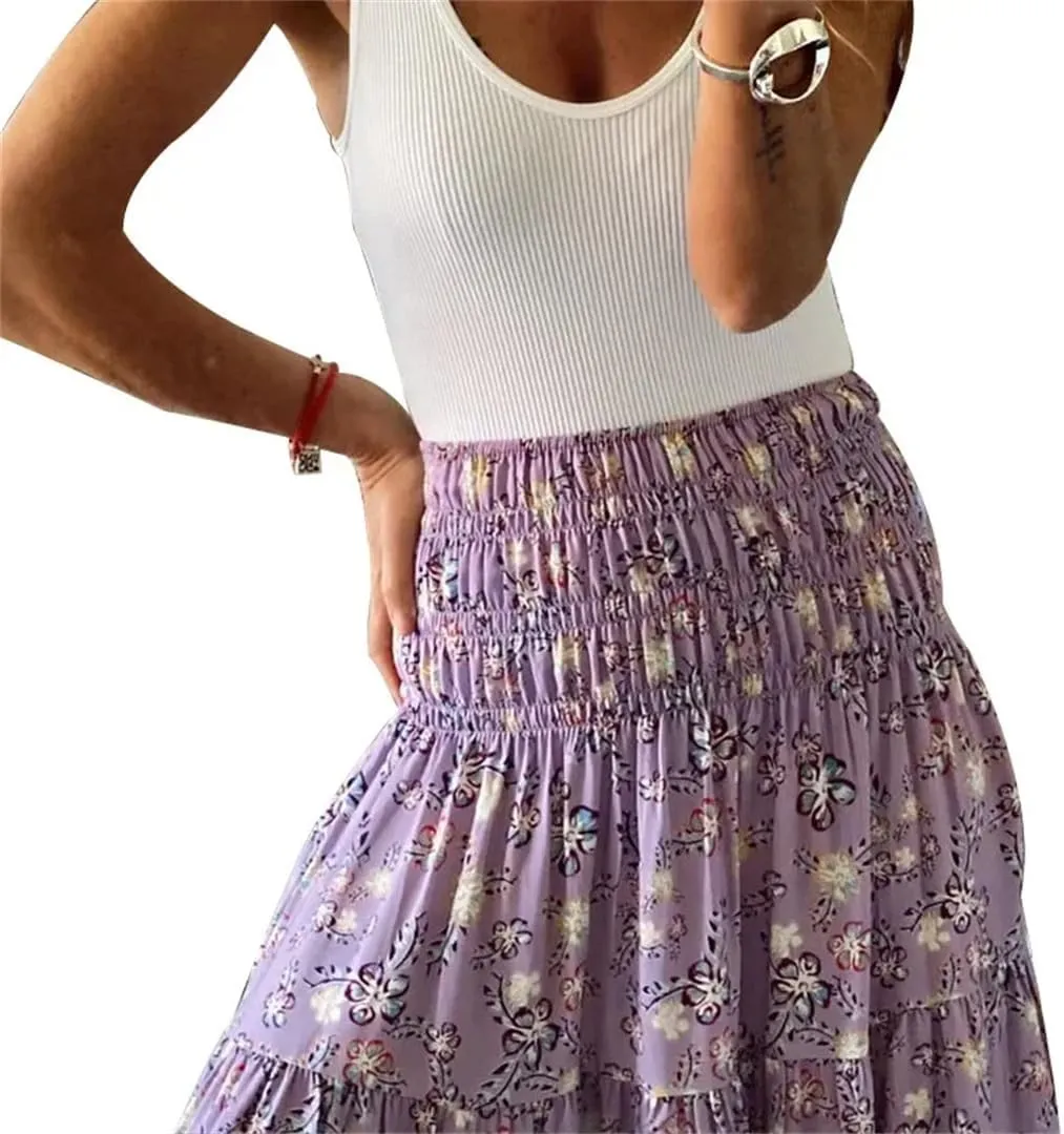 Women's Summer Printing Elastic High Waist Long Skirt Floral Pleated A-Line Boho Skirts