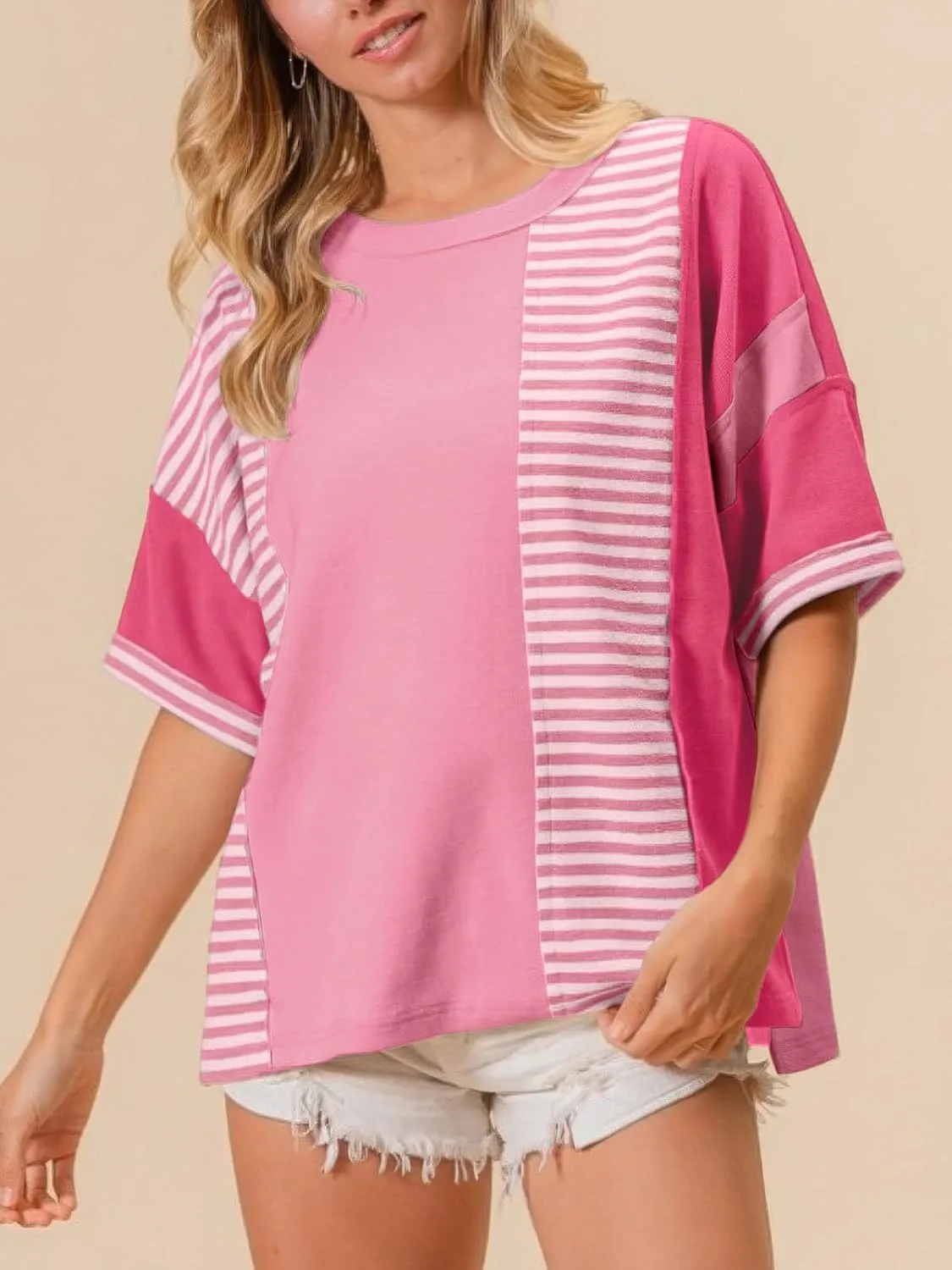 Womens Summer Striped T Shirts Casual Color Block Short Sleeve Tops Oversized Crew Neck Tees