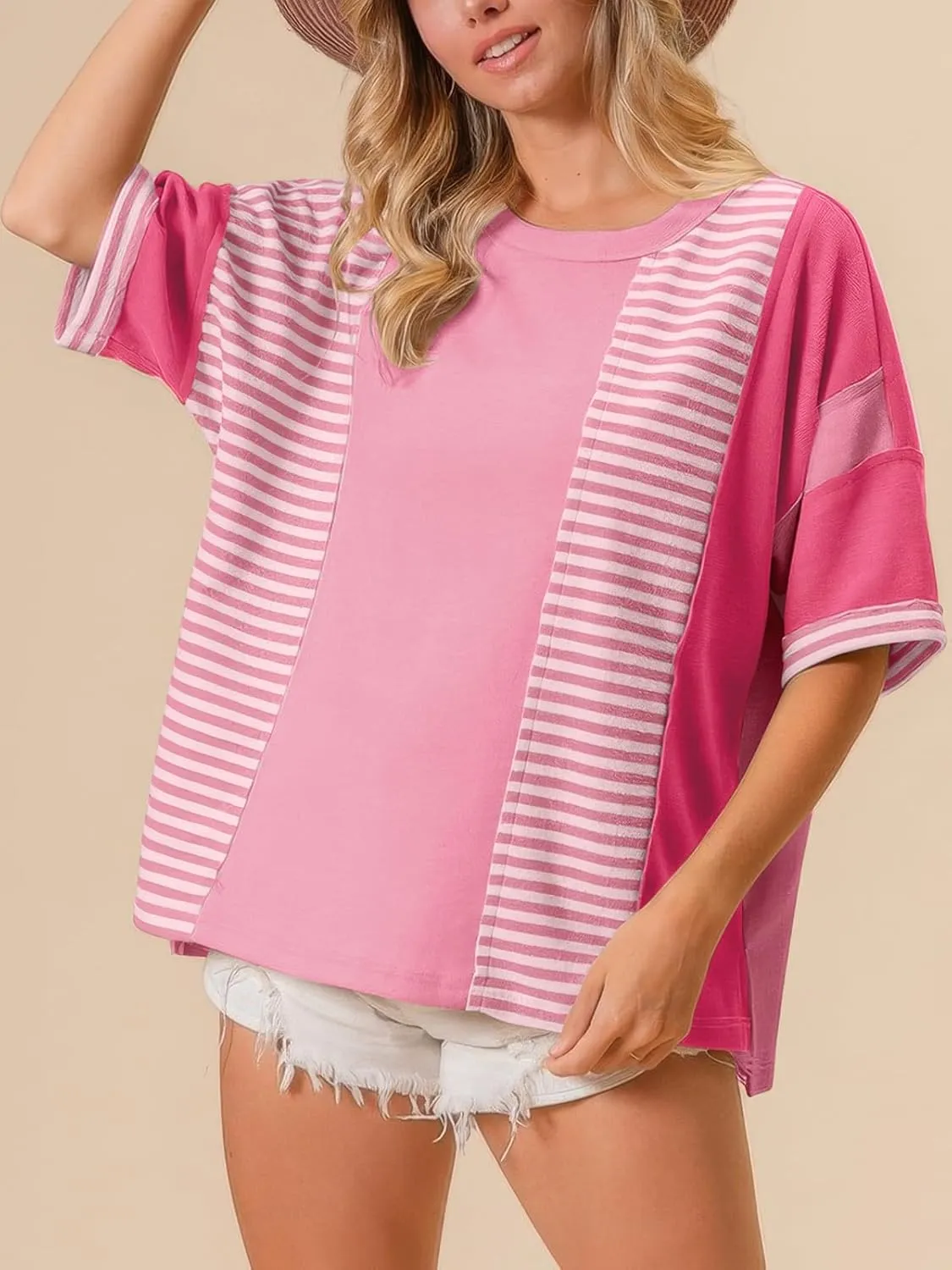 Womens Summer Striped T Shirts Casual Color Block Short Sleeve Tops Oversized Crew Neck Tees