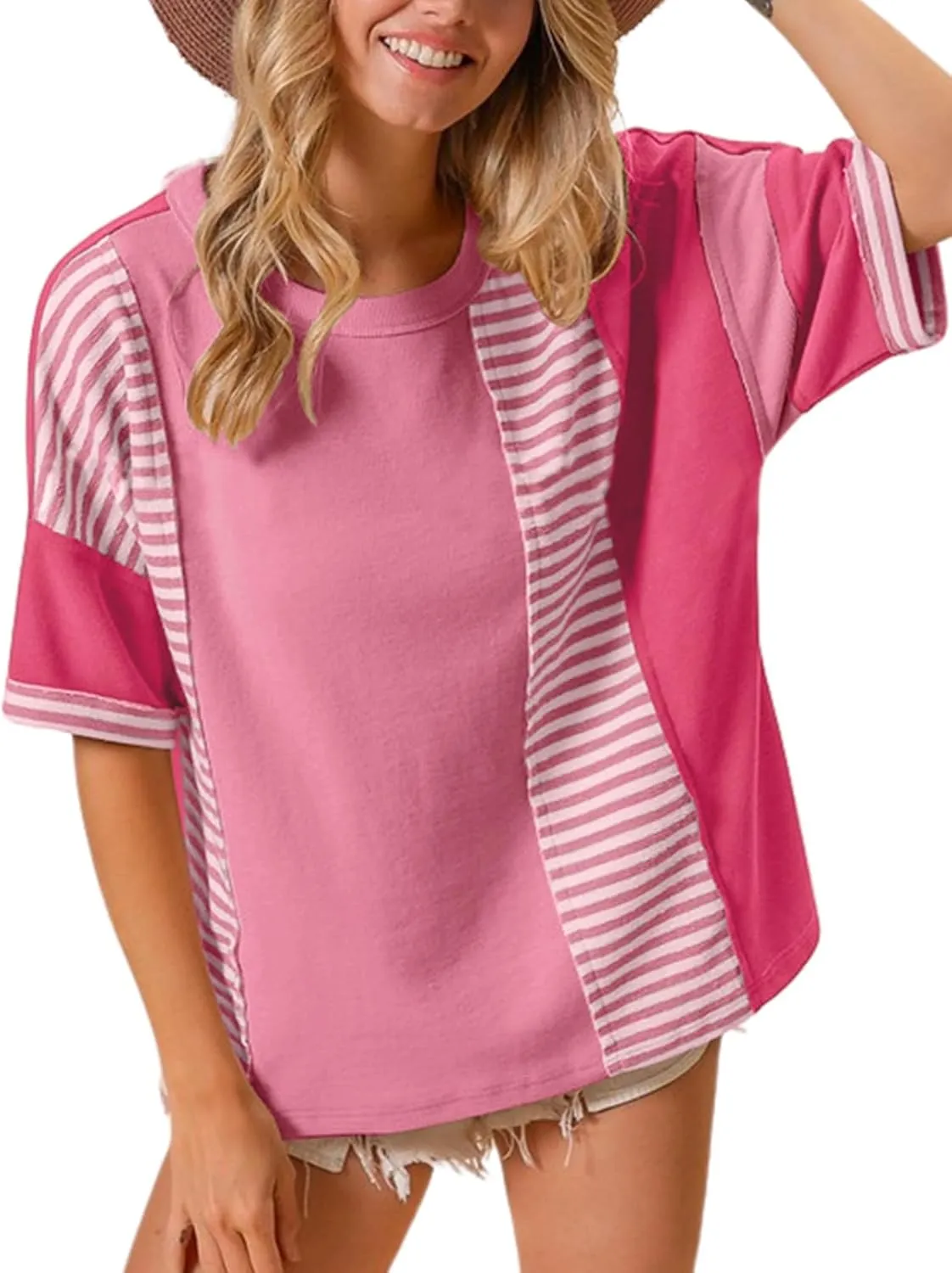 Womens Summer Striped T Shirts Casual Color Block Short Sleeve Tops Oversized Crew Neck Tees