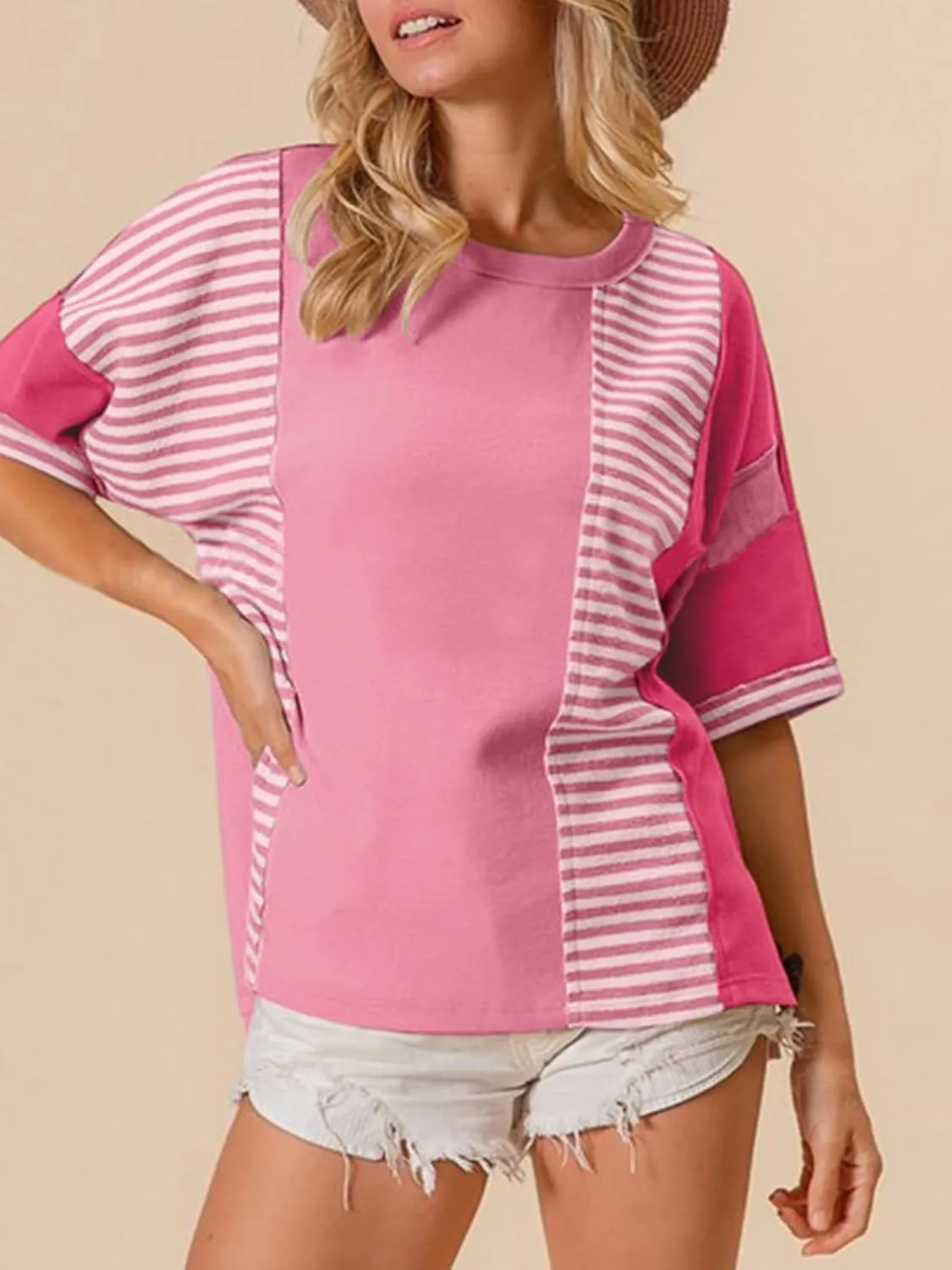Womens Summer Striped T Shirts Casual Color Block Short Sleeve Tops Oversized Crew Neck Tees