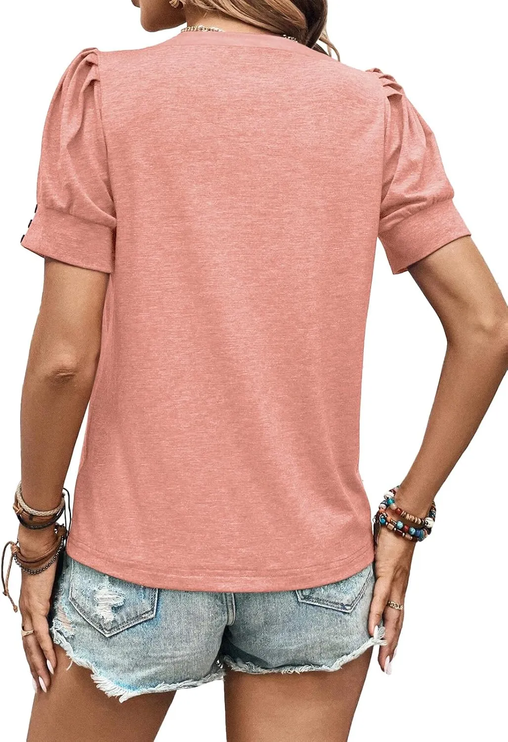 Womens Summer Tops 2025 Puff Short Sleeves Shirts Dressy Casual Tee Ladies Blouses Stylish T-Shirts Cute Spring Tshirts