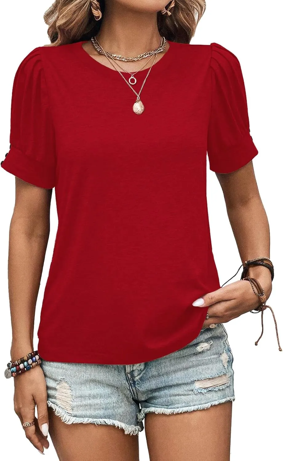 Womens Summer Tops 2025 Puff Short Sleeves Shirts Dressy Casual Tee Ladies Blouses Stylish T-Shirts Cute Spring Tshirts