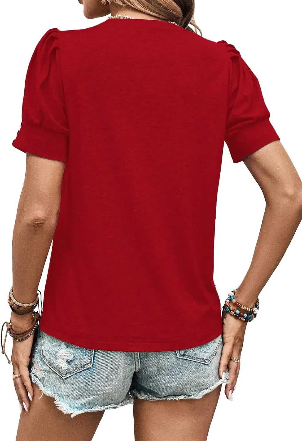 Womens Summer Tops 2025 Puff Short Sleeves Shirts Dressy Casual Tee Ladies Blouses Stylish T-Shirts Cute Spring Tshirts