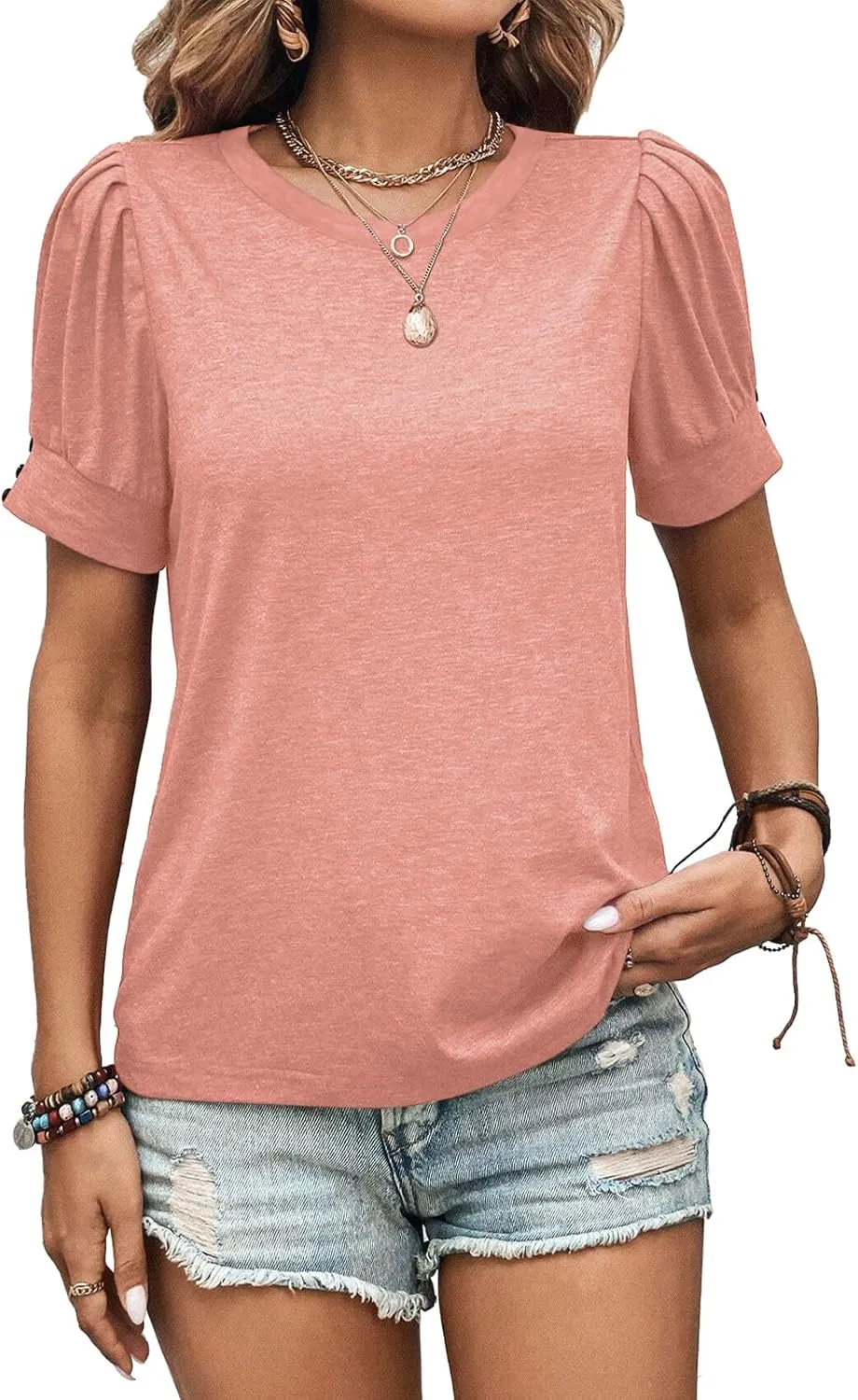Womens Summer Tops 2025 Puff Short Sleeves Shirts Dressy Casual Tee Ladies Blouses Stylish T-Shirts Cute Spring Tshirts