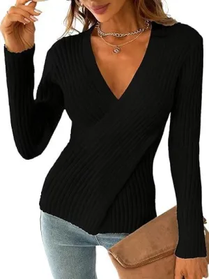 Women's Sweater Pullover Long Sleeve V Neck Slim Fit Chunky Knit Sweater Tops 2024 Spring Top Blouse for Women