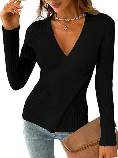 Women's Sweater Pullover Long Sleeve V Neck Slim Fit Chunky Knit Sweater Tops 2024 Spring Top Blouse for Women