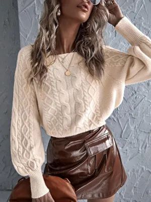 Women's Sweater Solid Bishop Sleeve Cable Knit Sweater Sweater for Women (Color : Beige, Size : One-Size)