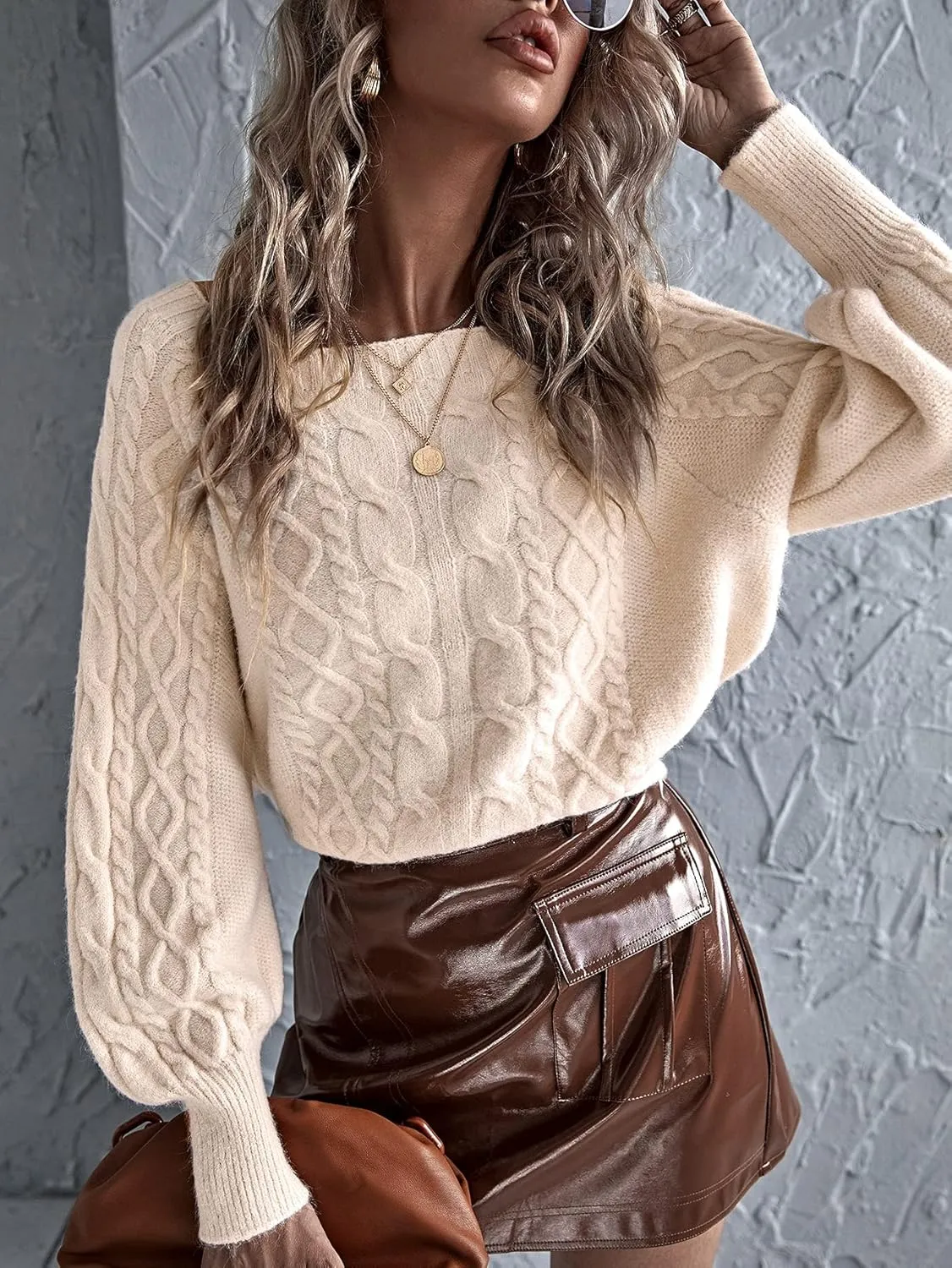 Women's Sweater Solid Bishop Sleeve Cable Knit Sweater Sweater for Women