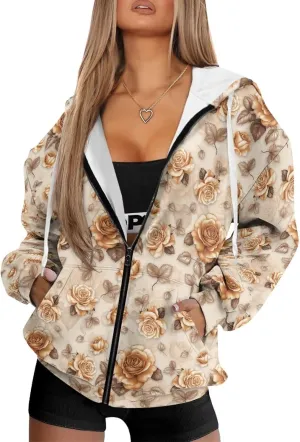 Women's Sweatshirts Hoodie Full Zip UP Oversized Fashion Jacket Long Sleeve Casual Outfits with Pockets