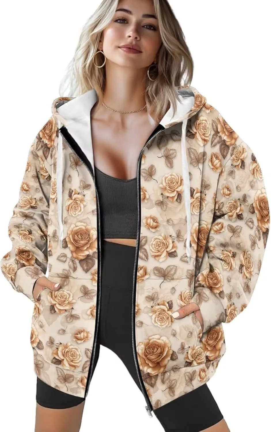 Women's Sweatshirts Hoodie Full Zip UP Oversized Fashion Jacket Long Sleeve Casual Outfits with Pockets
