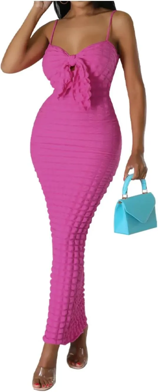 Women's Tie Knot Front Off Shoulder Bodycon Midi Dress Backless Sheath V Neck Bodycon Summer Night Party Dresses
