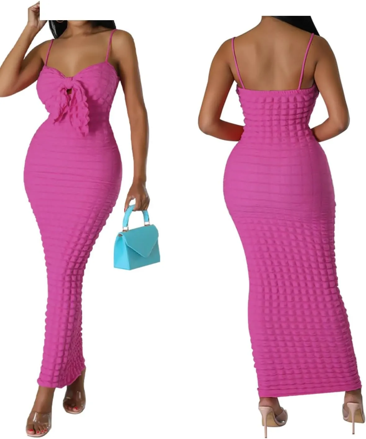 Women's Tie Knot Front Off Shoulder Bodycon Midi Dress Backless Sheath V Neck Bodycon Summer Night Party Dresses