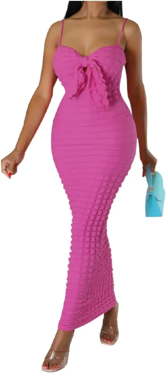 Women's Tie Knot Front Off Shoulder Bodycon Midi Dress Backless Sheath V Neck Bodycon Summer Night Party Dresses