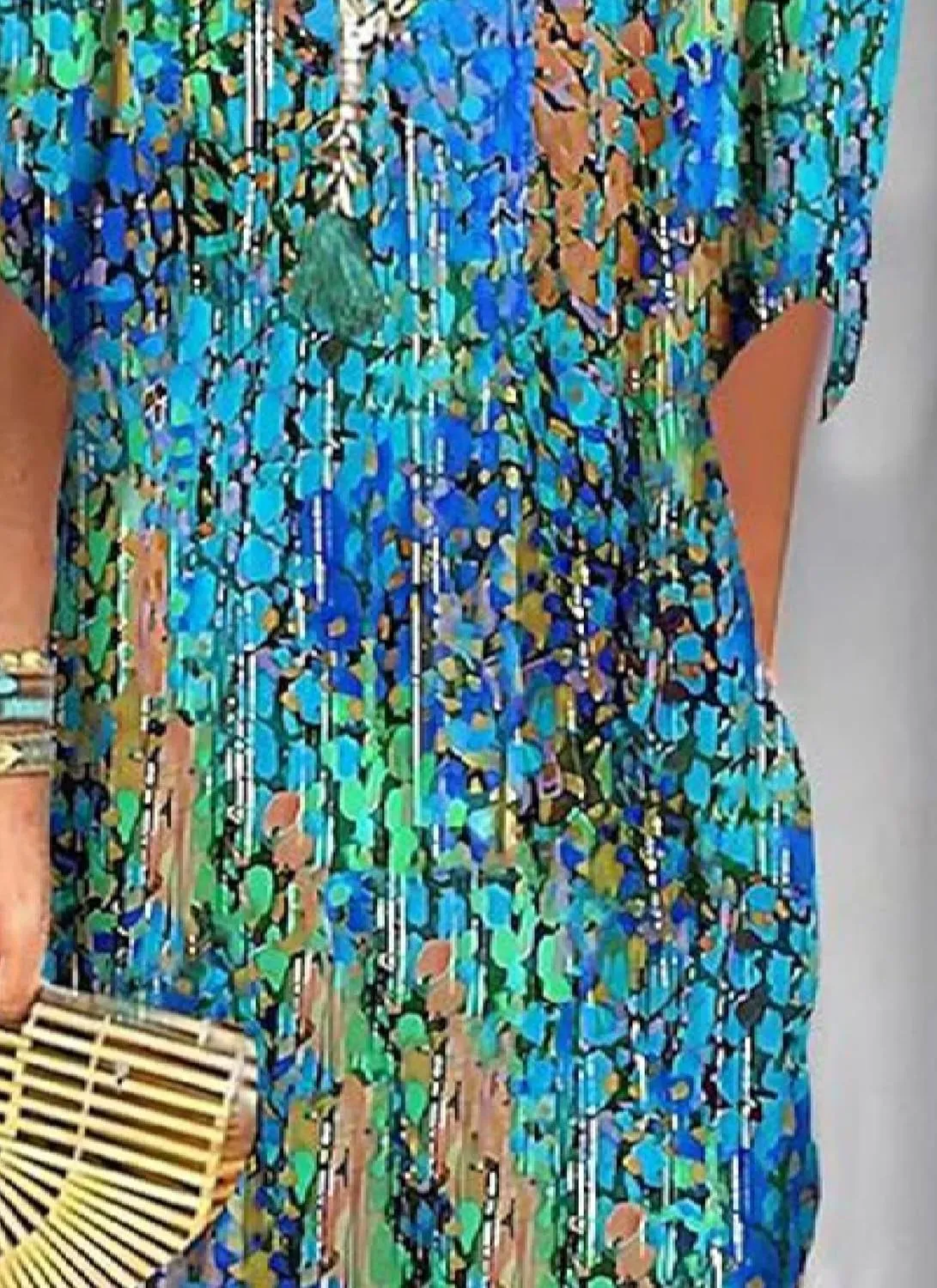 Womens V Neck 3/4 Sleeve Abstract Print Loose Shift Mini Casual Outing Dress
