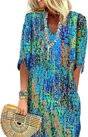 Womens V Neck 3/4 Sleeve Abstract Print Loose Shift Mini Casual Outing Dress