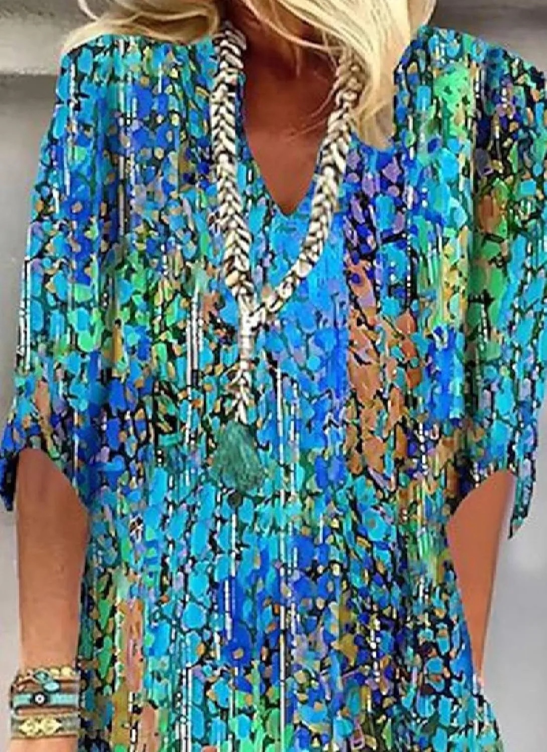 Womens V Neck 3/4 Sleeve Abstract Print Loose Shift Mini Casual Outing Dress