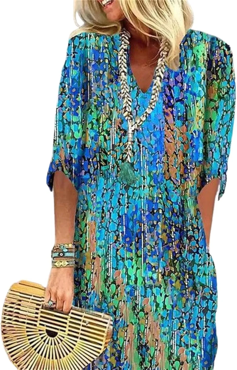 Womens V Neck 3/4 Sleeve Abstract Print Loose Shift Mini Casual Outing Dress